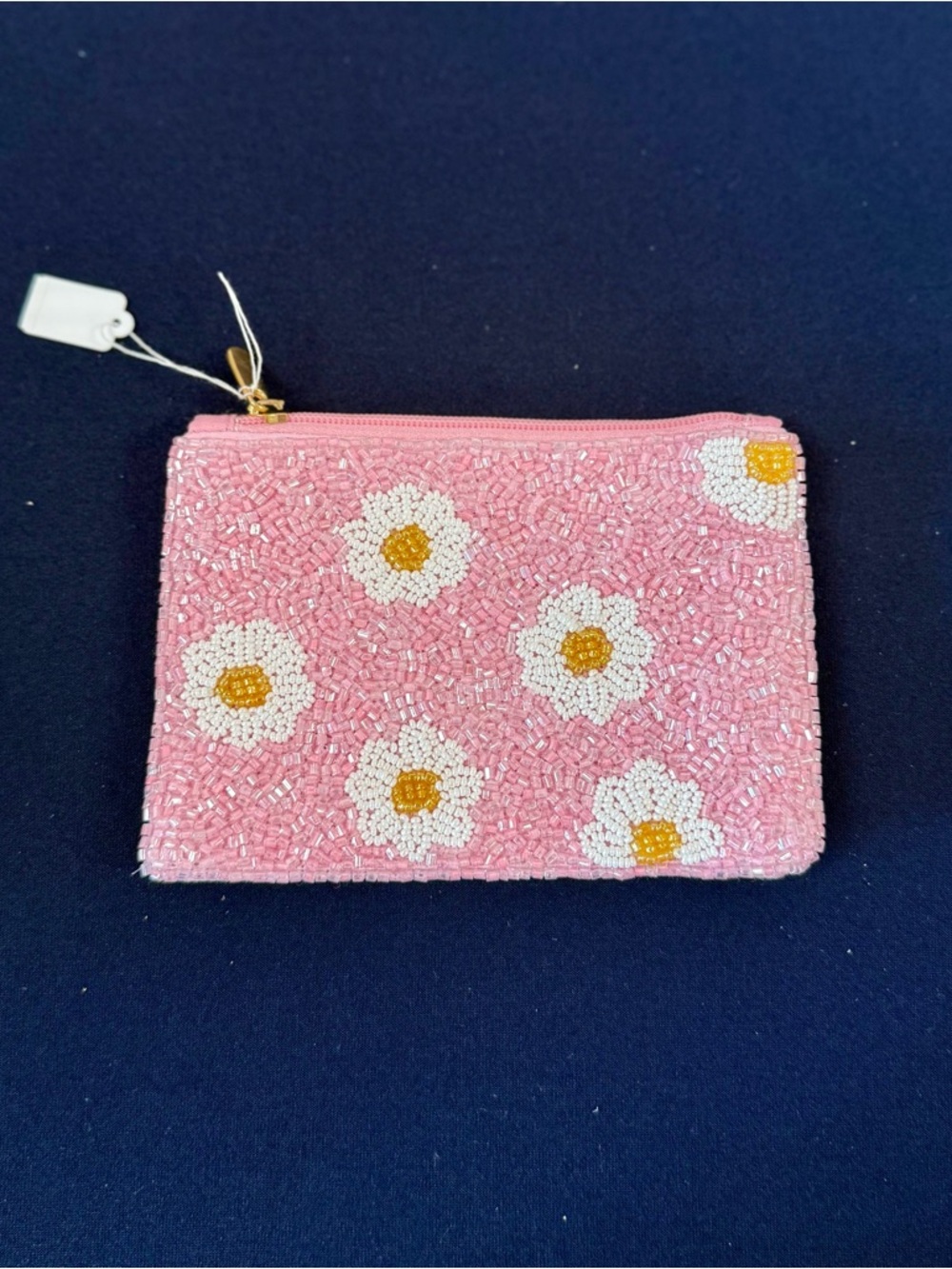 Pink Beaded Daisy Zip Pouch